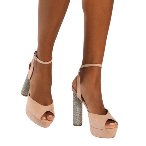 Lulus Kamila Light Nude Suede Platform Rhinestone Ankle Strap Heels Women's SZ 7 - Picture 4 of 6